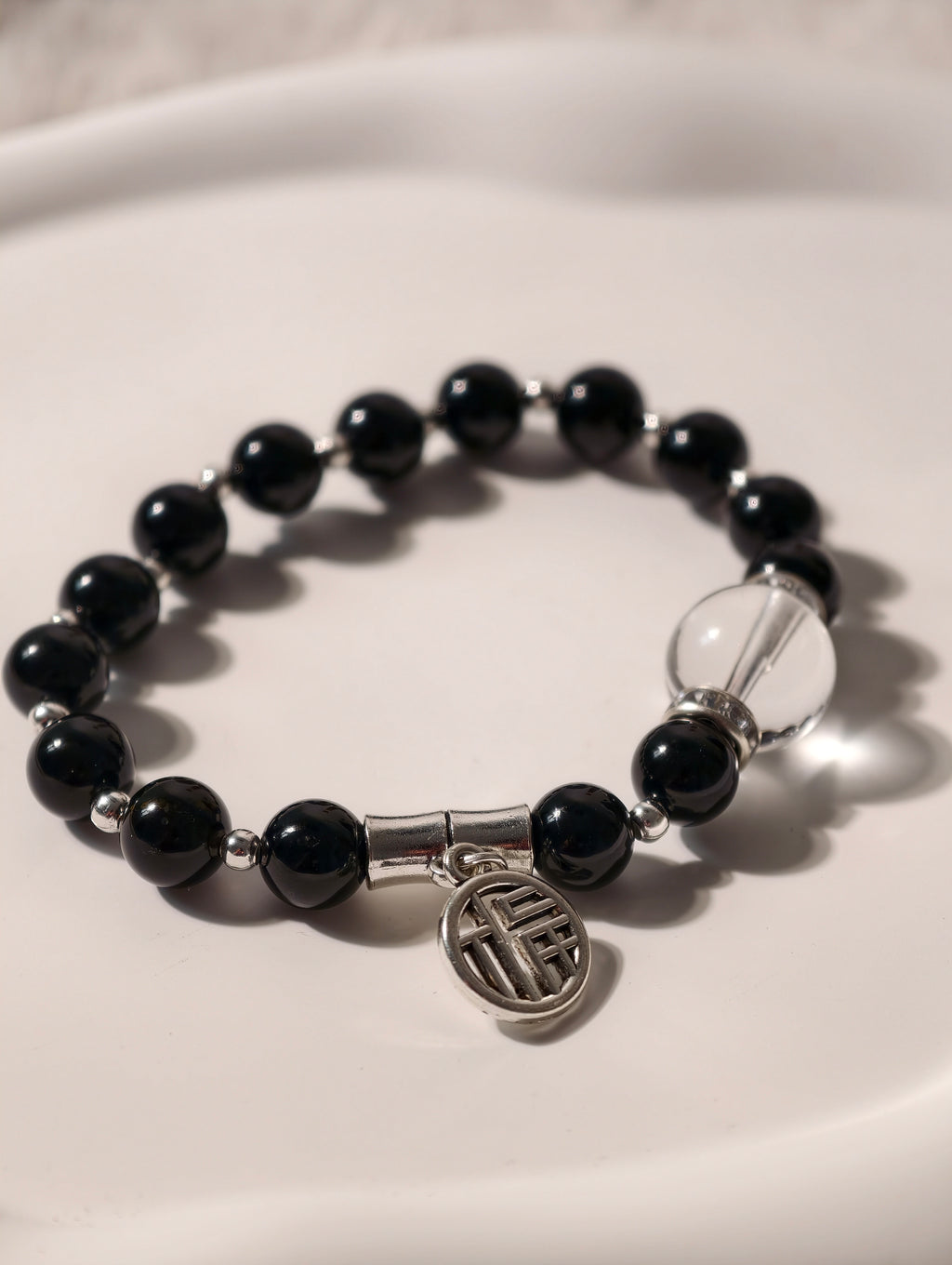 Black Obsidian and Clear Quartz bracelet with silver fortune charm